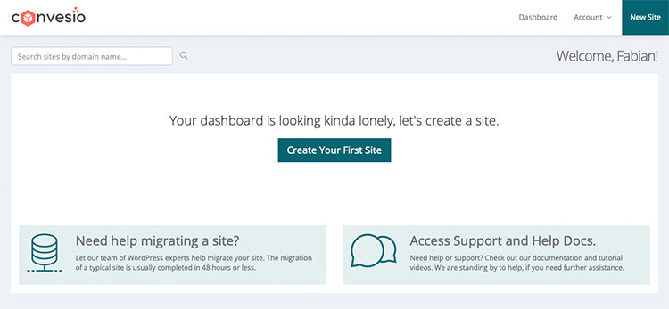 Screenshot of an empty Convesio dashboard with a button in the middle saying 'create your first site'.