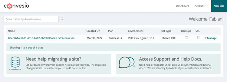 Screenshot that shows the newly installed WordPress app on the Convesio dashboard.